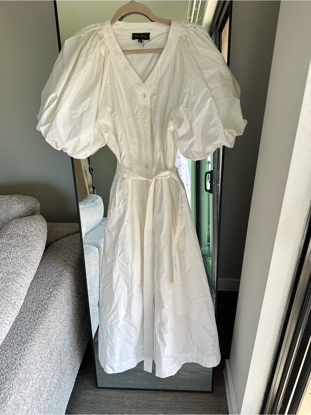 Gracia V-Neck White Puff-Sleeve Midi Dress with Tie Waist